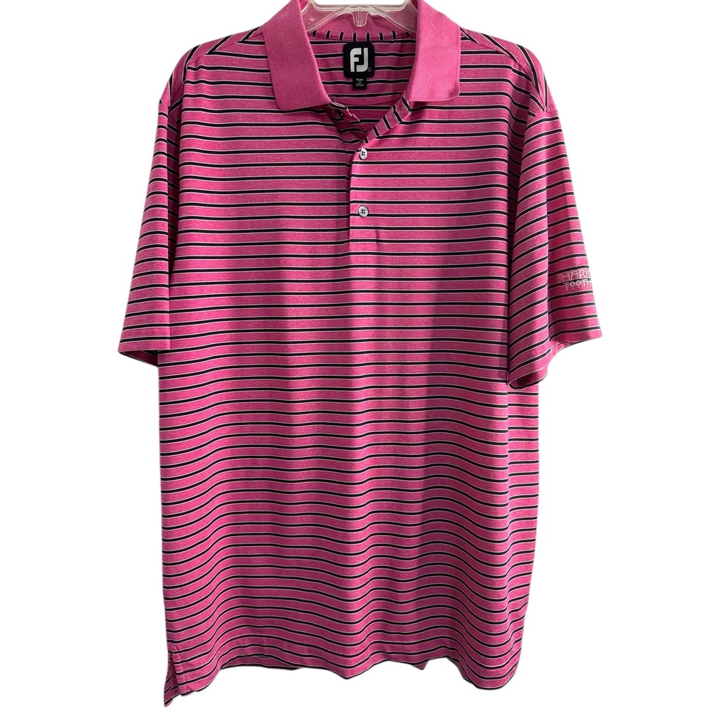 Footjoy FJ Performance Golf Polo‎ Shirt Pink Black Stripe Mens L Sharkstooth